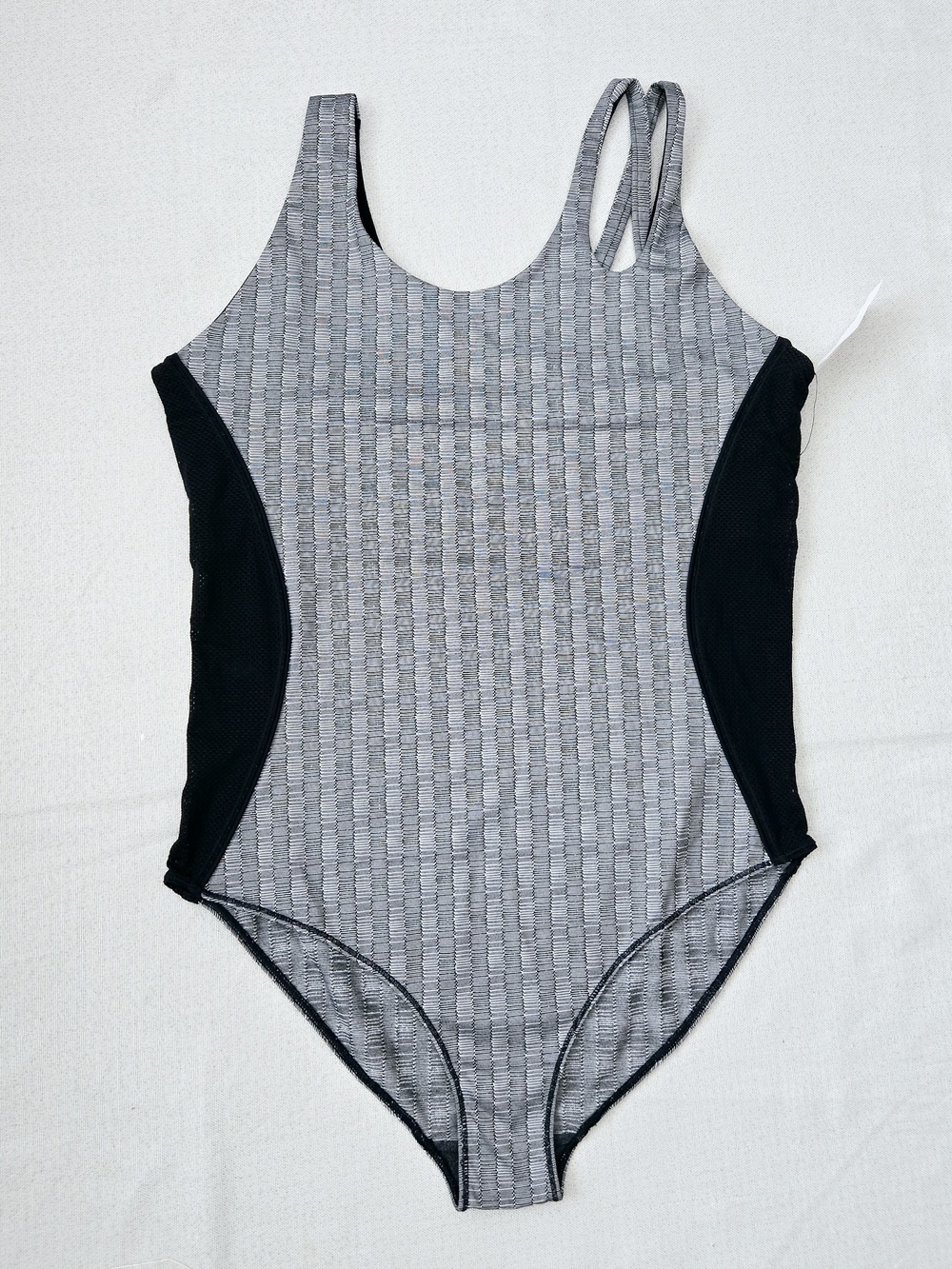 Ivy Park Pixelated Mesh Asymmetrical One Piece Swimsuit XL Monochrome Jacquard